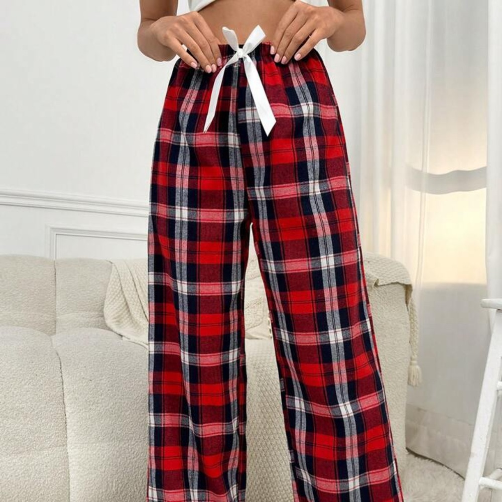 SHEIN Plaid Sleep Pants With Bow